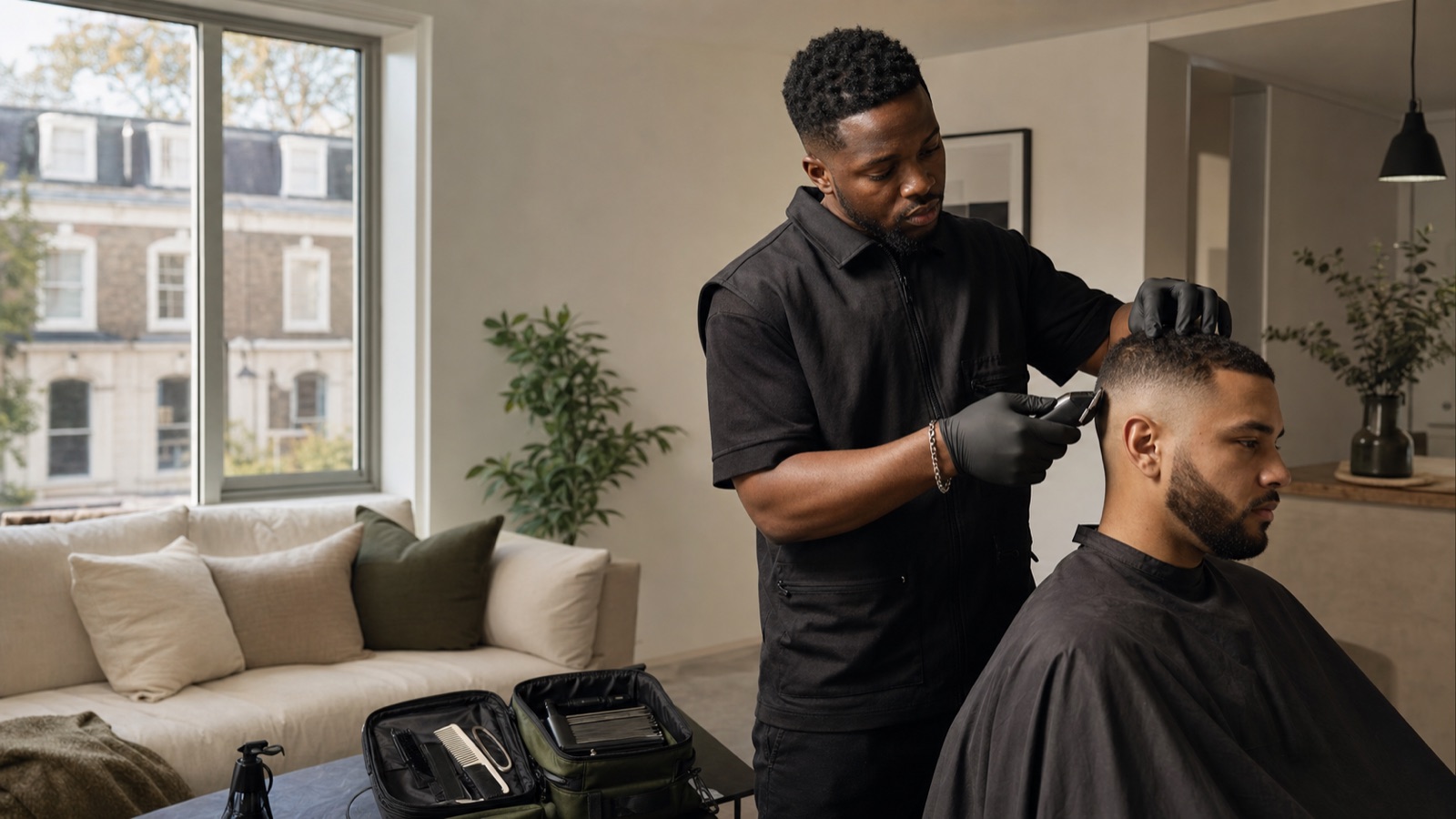 A mobile barber giving a client a haircut in the client's home